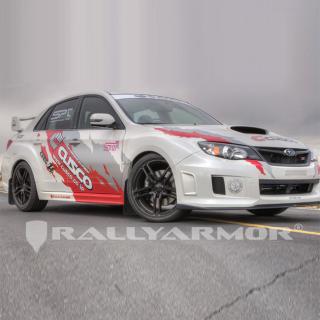 Rally Armor UR Mudflaps Red Urethane White Logo Subaru STI Sedan 2011-2014, WRX Sedan 2011-2014